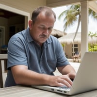 A man working while on vacation. 