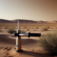 A hand-powered water pump in a dry lake bed.