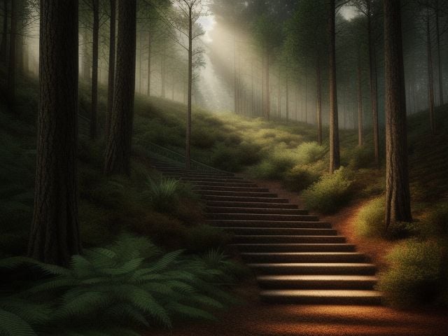 A stairway climbing a hill in a forest. 